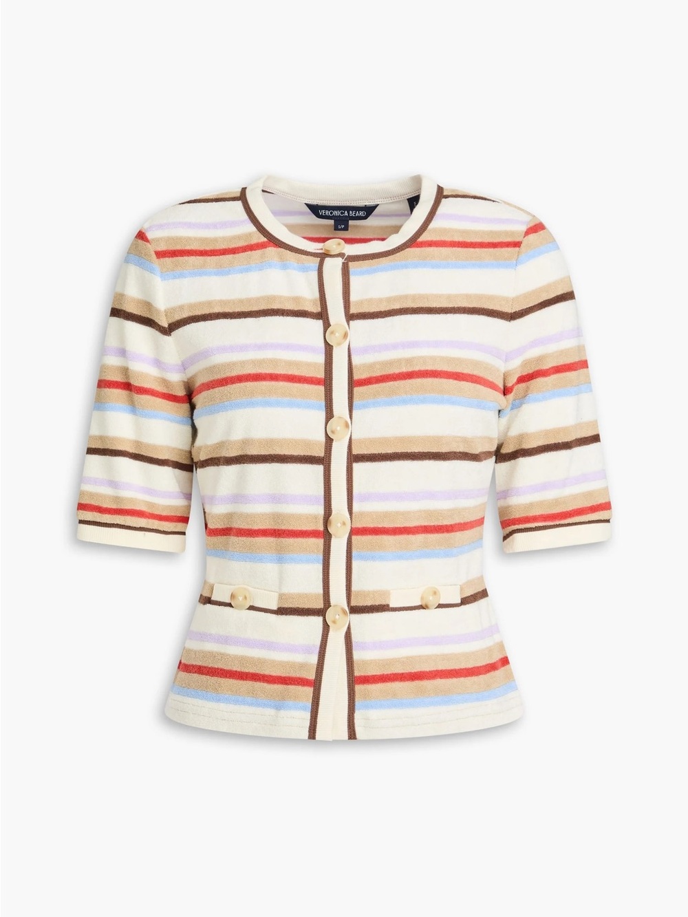 Veronica Beard Cream Multi-Stripe Short Sleeve Knit Top